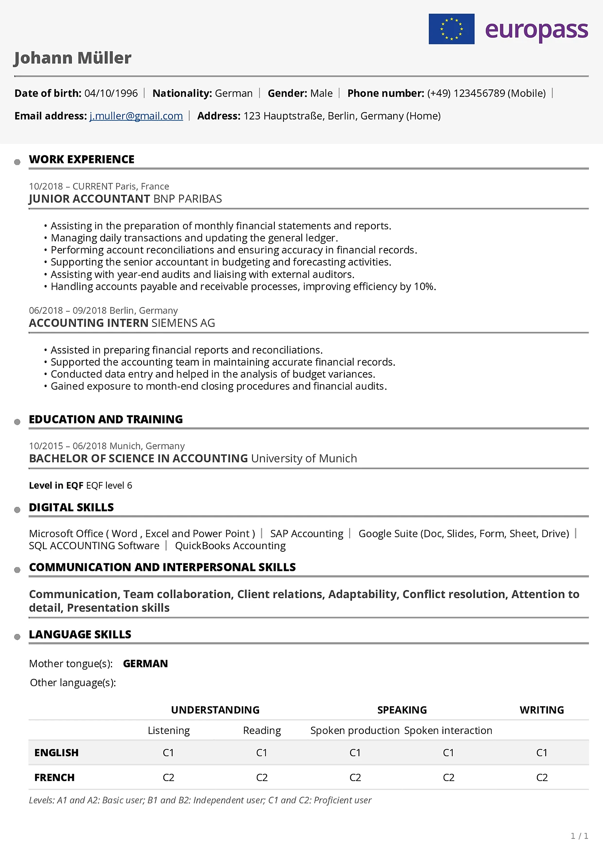 Europass CV layout